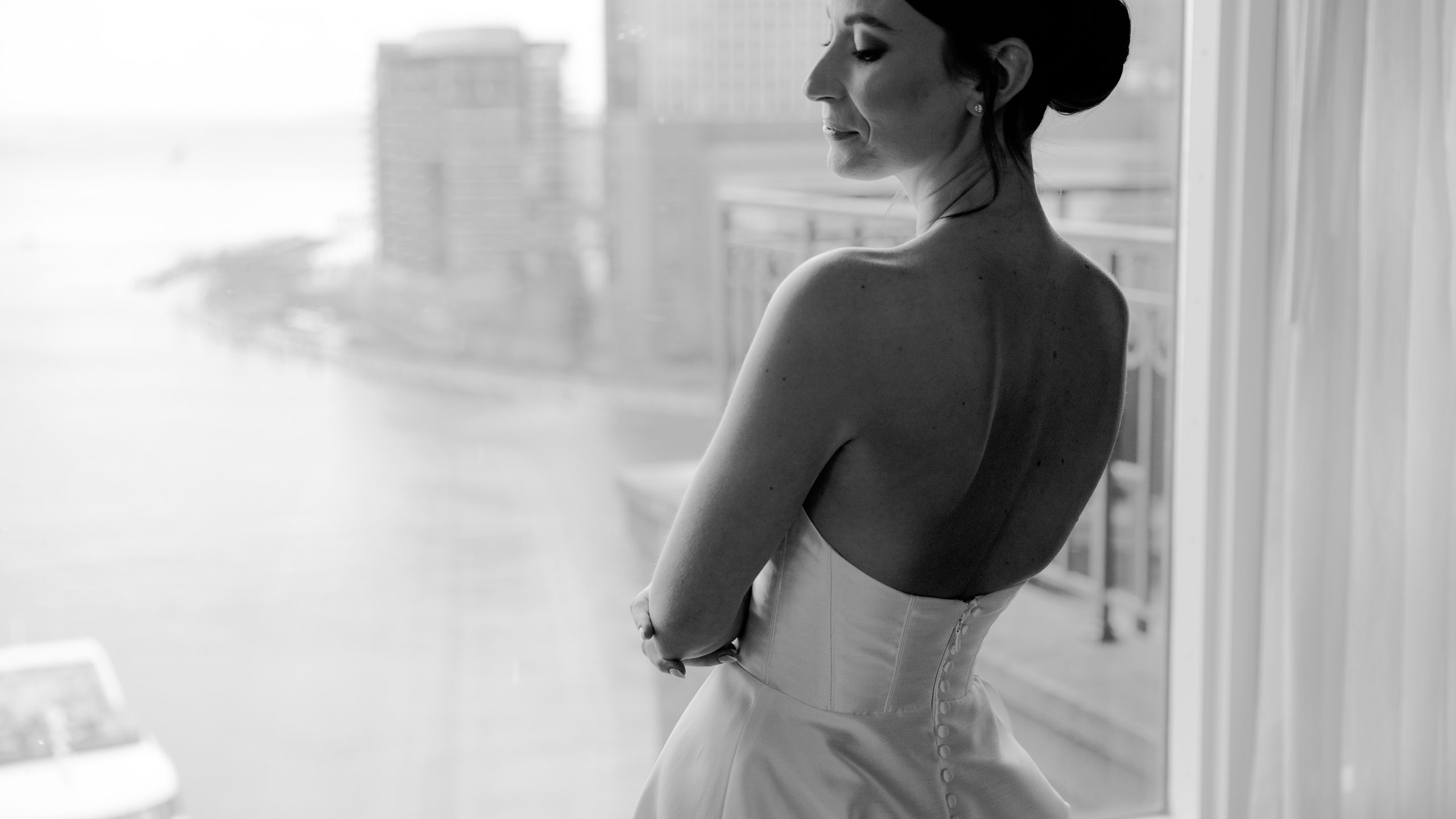 Bride in a quiet black and white wedding moment