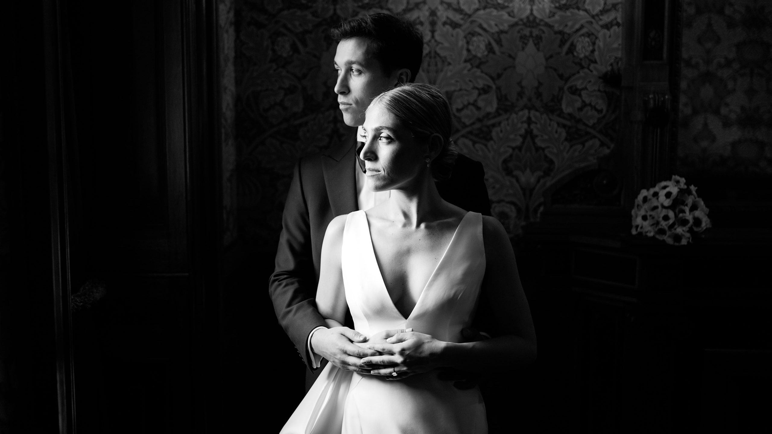 Liza and Jeff in a black and white portrait at Weylin