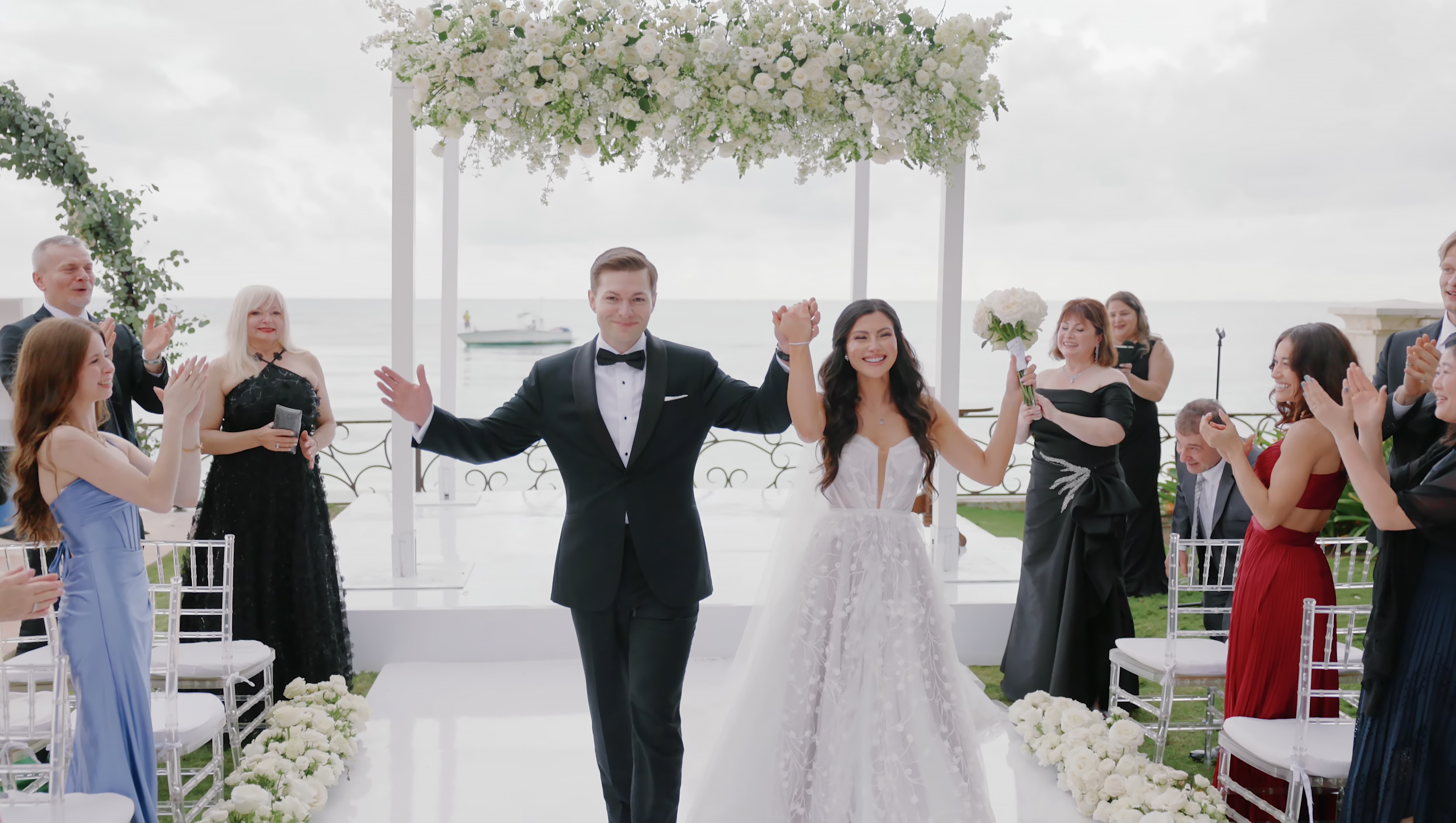 Veronica and Sebastian celebrating after their ceremony at Villa La Joya